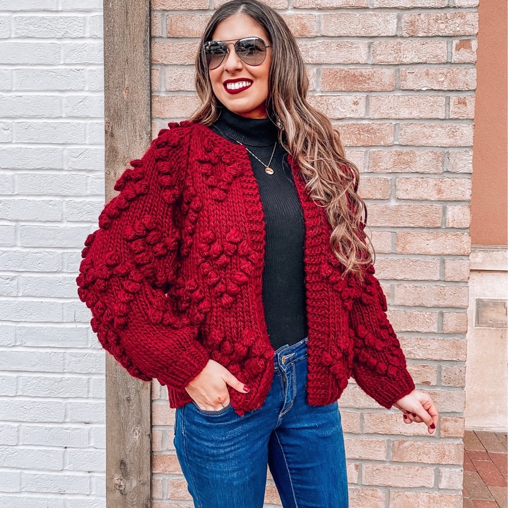 Burgundy Pom Pom Cardigan